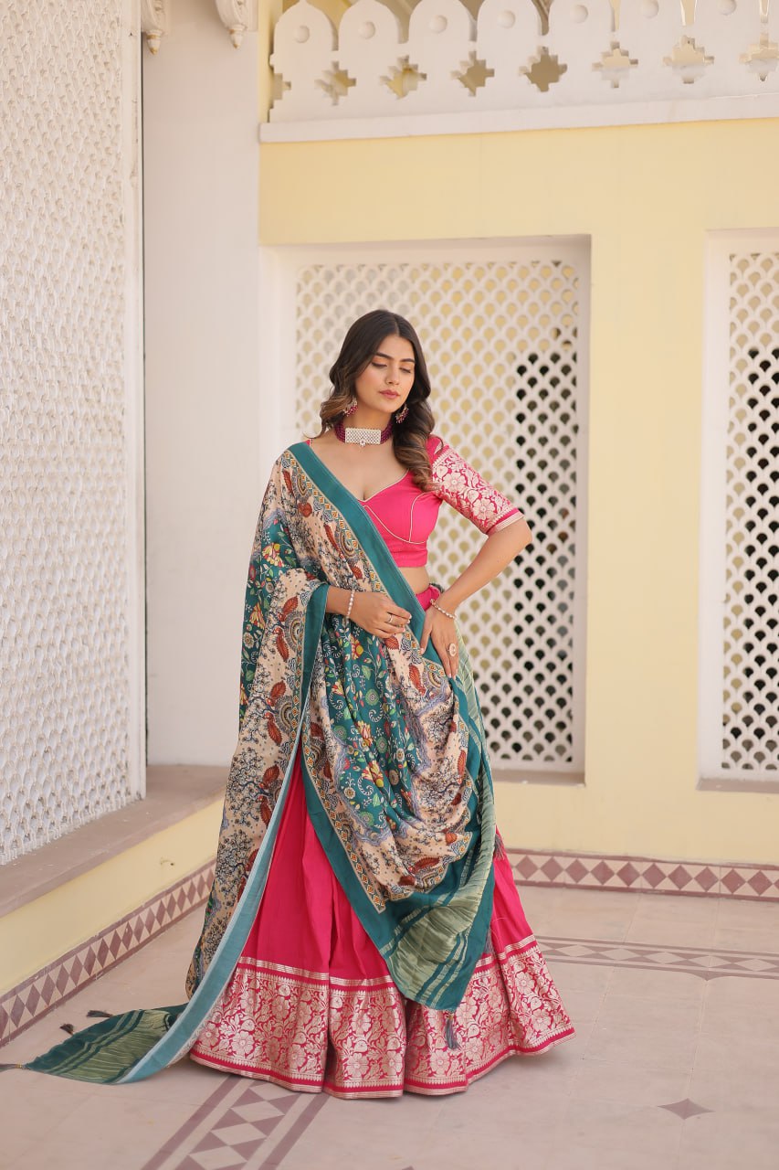 Lorenvalley Pink Viscose Jacquard Lehenga Choli with Gajji silk Dupatta