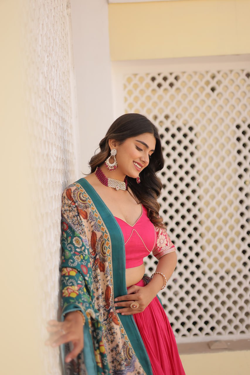 Lorenvalley Pink Viscose Jacquard Lehenga Choli with Gajji silk Dupatta
