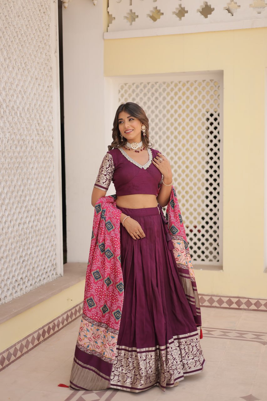 Lorenvalley Purple Viscose Jacquard Lehenga Choli with Gajji silk Dupatta