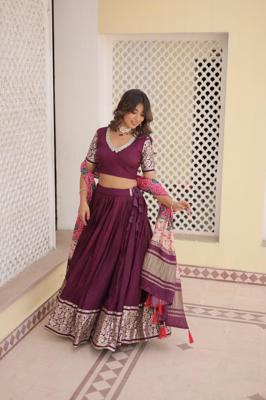 Lorenvalley Purple Viscose Jacquard Lehenga Choli with Gajji silk Dupatta