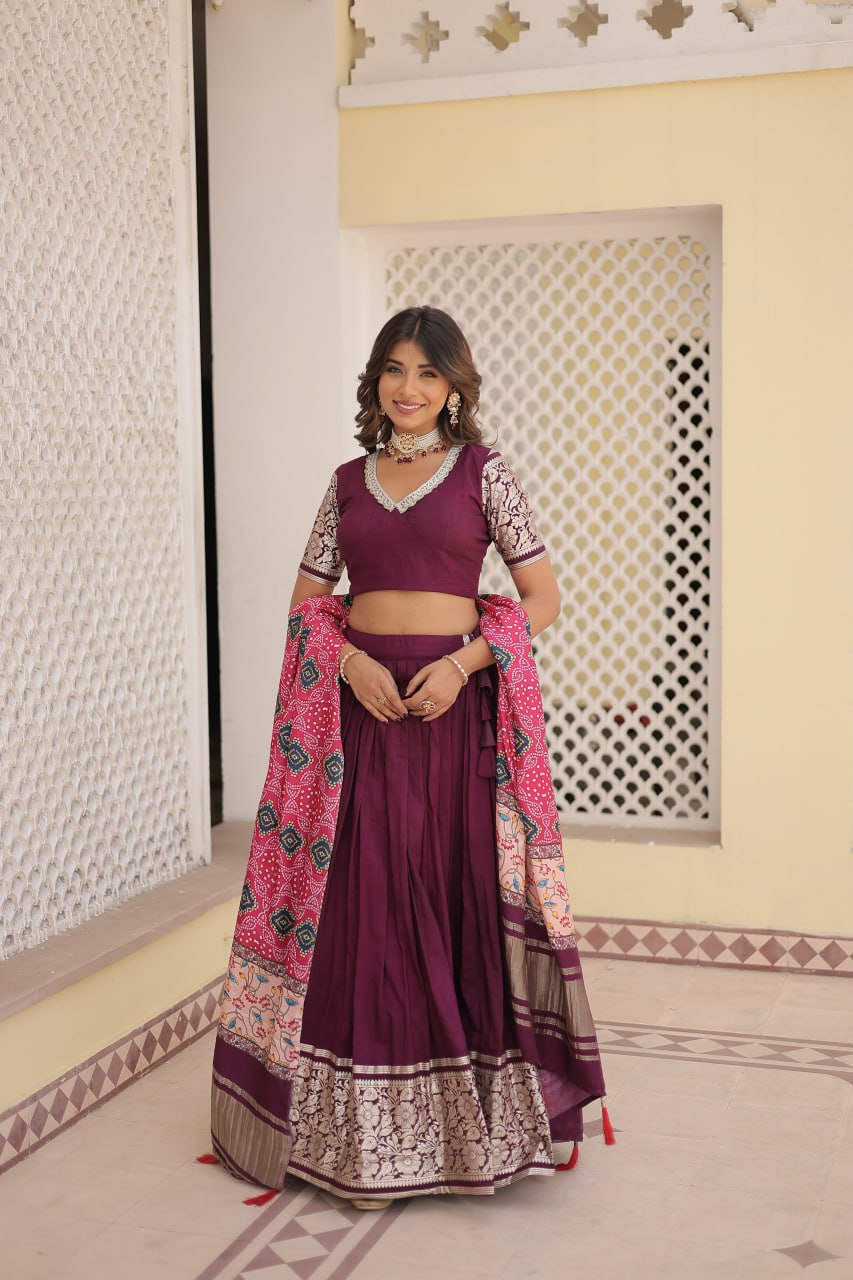 Lorenvalley Purple Viscose Jacquard Lehenga Choli with Gajji silk Dupatta