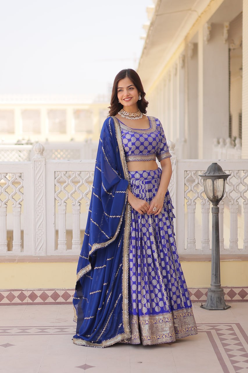 Lorenvalley Blue Pure Viscose Jacquard with Embroidered Sequins work Lehenga Choli
