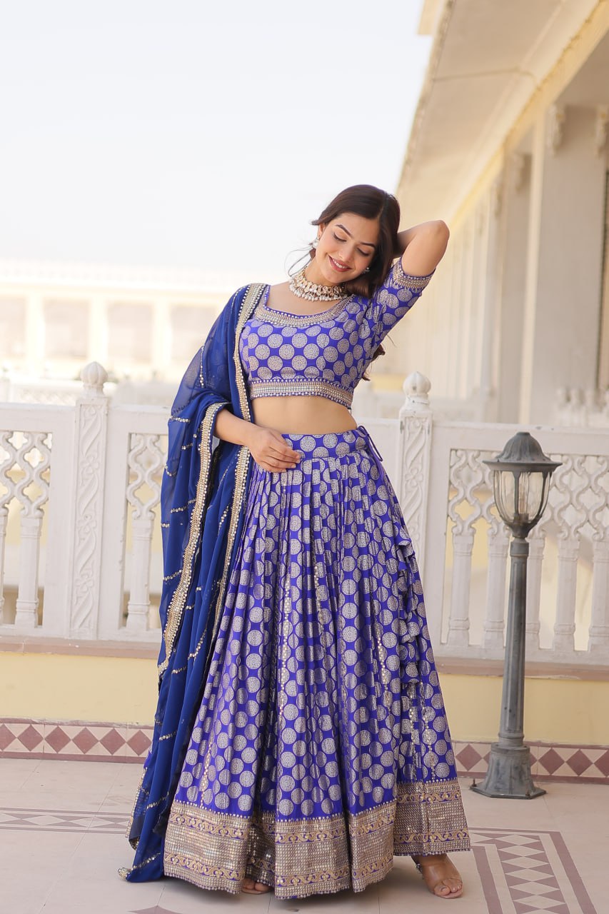 Lorenvalley Blue Pure Viscose Jacquard with Embroidered Sequins work Lehenga Choli