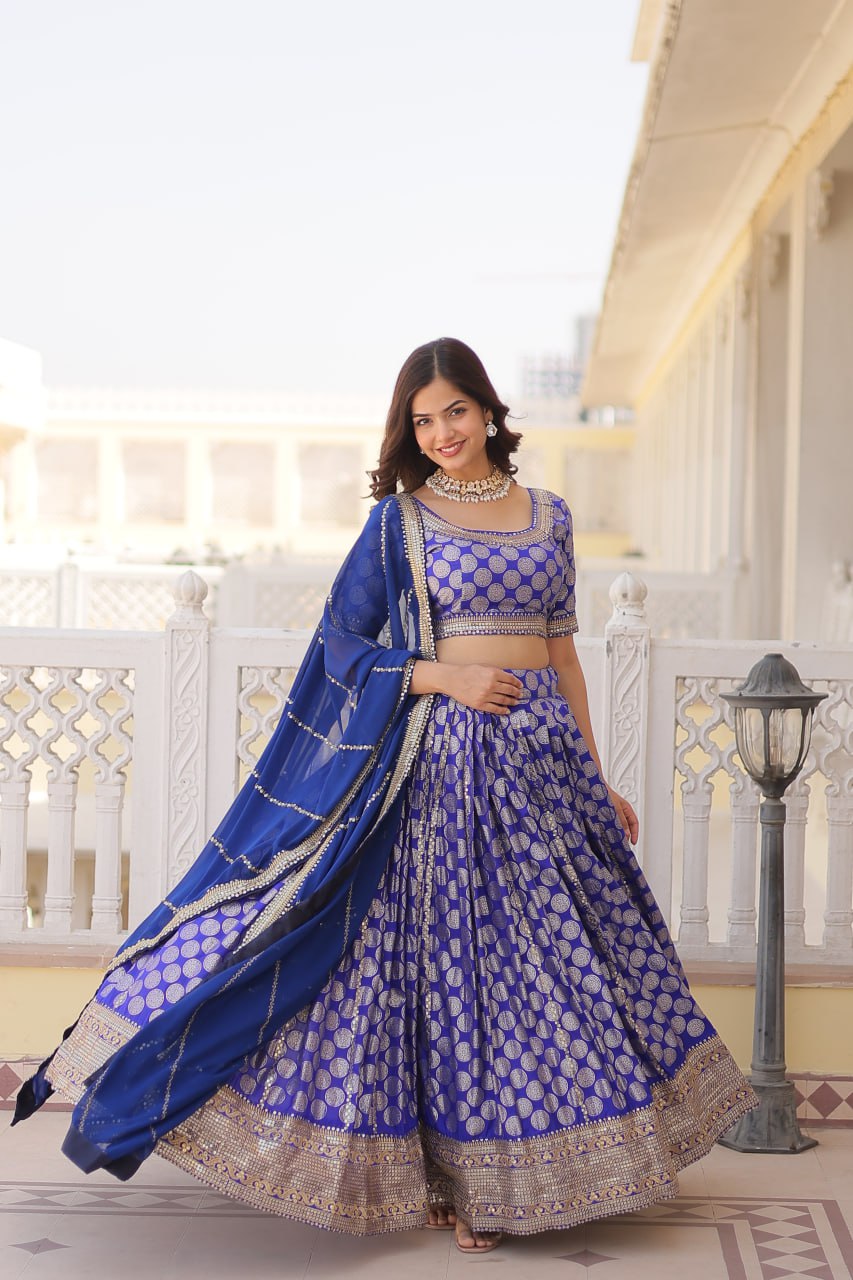 Lorenvalley Blue Pure Viscose Jacquard with Embroidered Sequins work Lehenga Choli