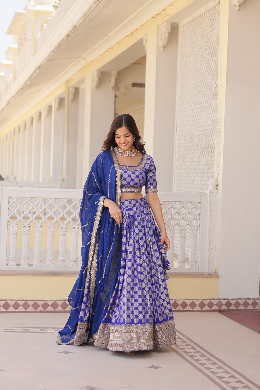 Lorenvalley Blue Pure Viscose Jacquard with Embroidered Sequins work Lehenga Choli