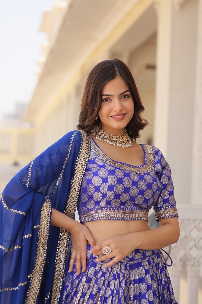 Lorenvalley Blue Pure Viscose Jacquard with Embroidered Sequins work Lehenga Choli