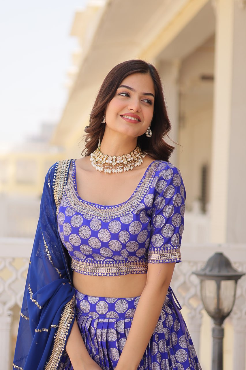 Lorenvalley Blue Pure Viscose Jacquard with Embroidered Sequins work Lehenga Choli