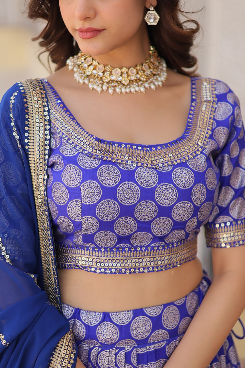 Lorenvalley Blue Pure Viscose Jacquard with Embroidered Sequins work Lehenga Choli