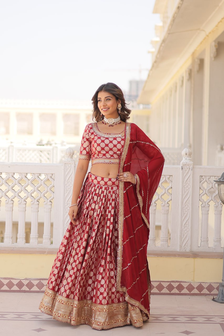 Lorenvalley Maroon Pure Viscose Jacquard with Embroidered Sequins work Lehenga Choli