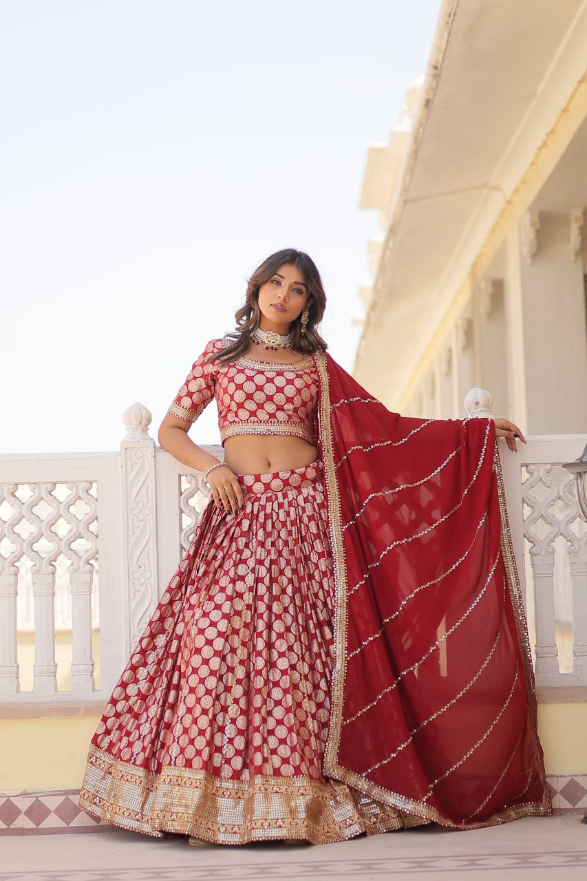 Lorenvalley Maroon Pure Viscose Jacquard with Embroidered Sequins work Lehenga Choli