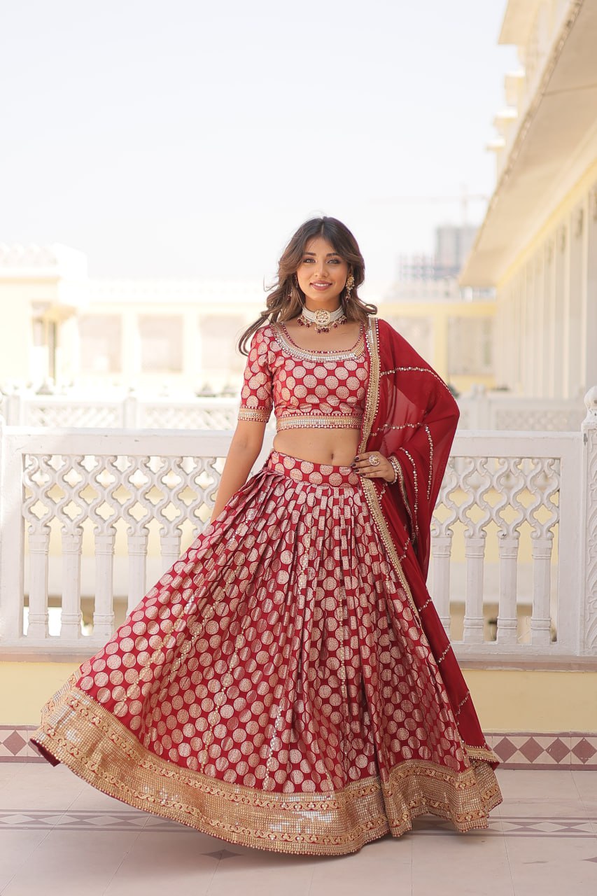 Lorenvalley Maroon Pure Viscose Jacquard with Embroidered Sequins work Lehenga Choli
