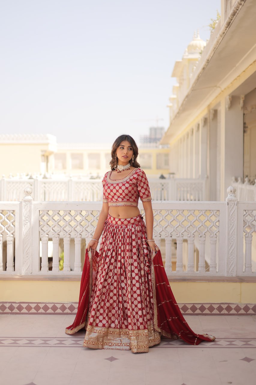 Lorenvalley Maroon Pure Viscose Jacquard with Embroidered Sequins work Lehenga Choli