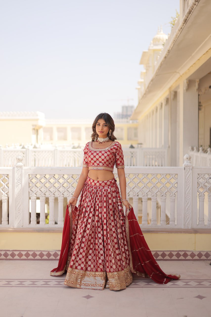 Lorenvalley Maroon Pure Viscose Jacquard with Embroidered Sequins work Lehenga Choli