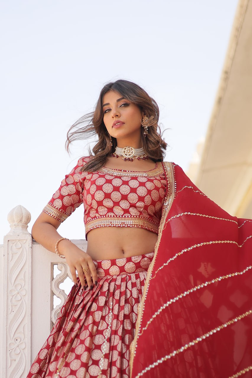Lorenvalley Maroon Pure Viscose Jacquard with Embroidered Sequins work Lehenga Choli