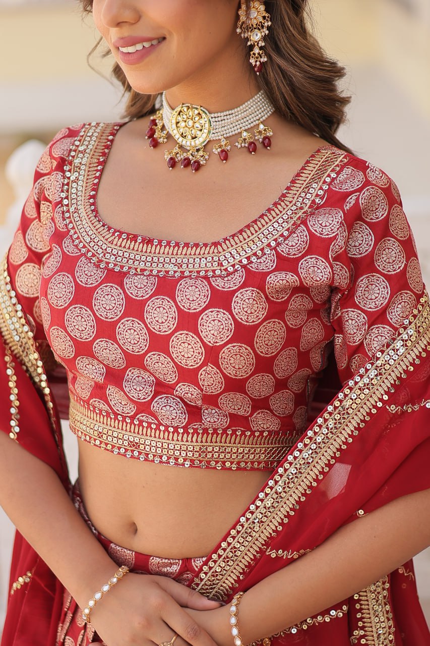 Lorenvalley Maroon Pure Viscose Jacquard with Embroidered Sequins work Lehenga Choli