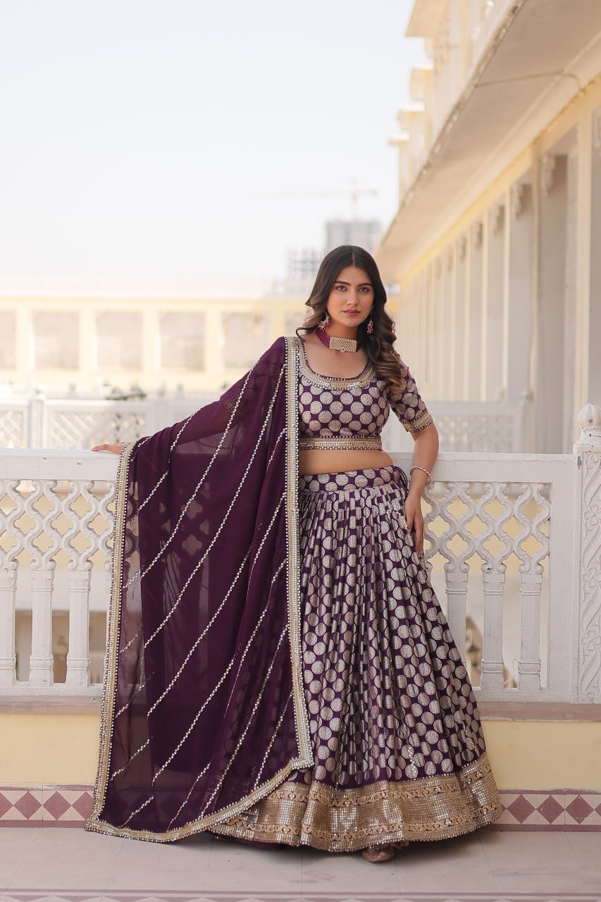 Lorenvalley Purple Pure Viscose Jacquard with Embroidered Sequins work Lehenga Choli
