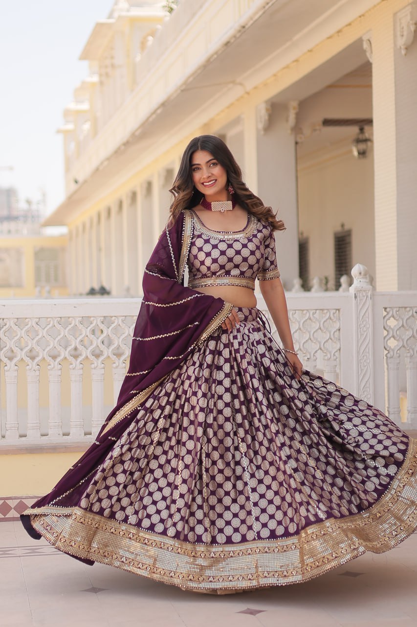 Lorenvalley Purple Pure Viscose Jacquard with Embroidered Sequins work Lehenga Choli