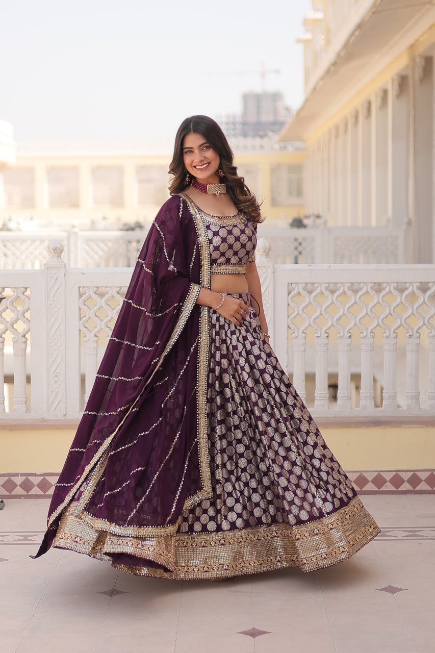 Lorenvalley Purple Pure Viscose Jacquard with Embroidered Sequins work Lehenga Choli