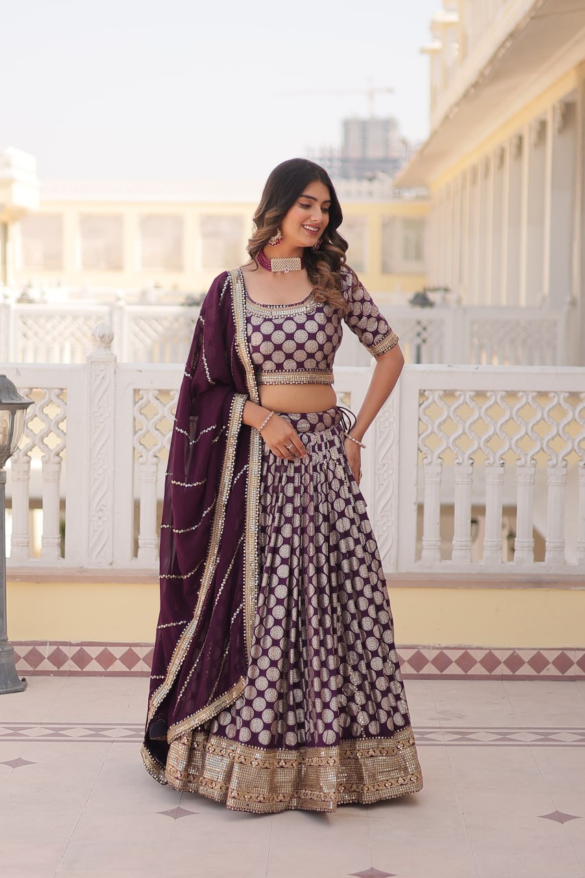 Lorenvalley Purple Pure Viscose Jacquard with Embroidered Sequins work Lehenga Choli