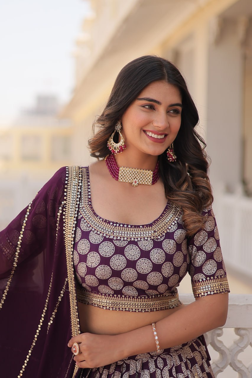 Lorenvalley Purple Pure Viscose Jacquard with Embroidered Sequins work Lehenga Choli