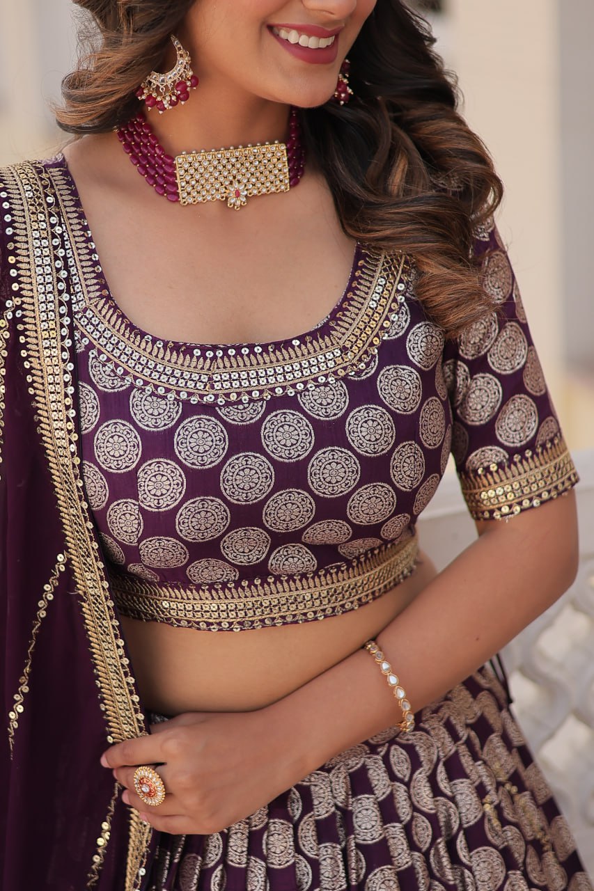 Lorenvalley Purple Pure Viscose Jacquard with Embroidered Sequins work Lehenga Choli