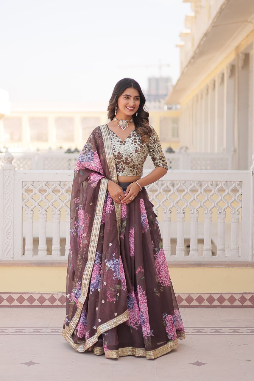 Lorenvalley Brown Russian Silk Digital Printed with Embroidered Sequins work Lehenga Choli