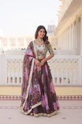Lorenvalley Brown Russian Silk Digital Printed with Embroidered Sequins work Lehenga Choli