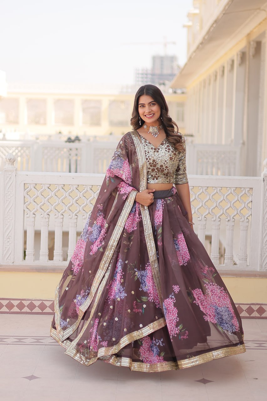 Lorenvalley Brown Russian Silk Digital Printed with Embroidered Sequins work Lehenga Choli
