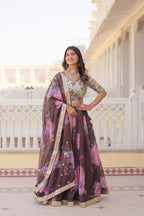 Lorenvalley Brown Russian Silk Digital Printed with Embroidered Sequins work Lehenga Choli