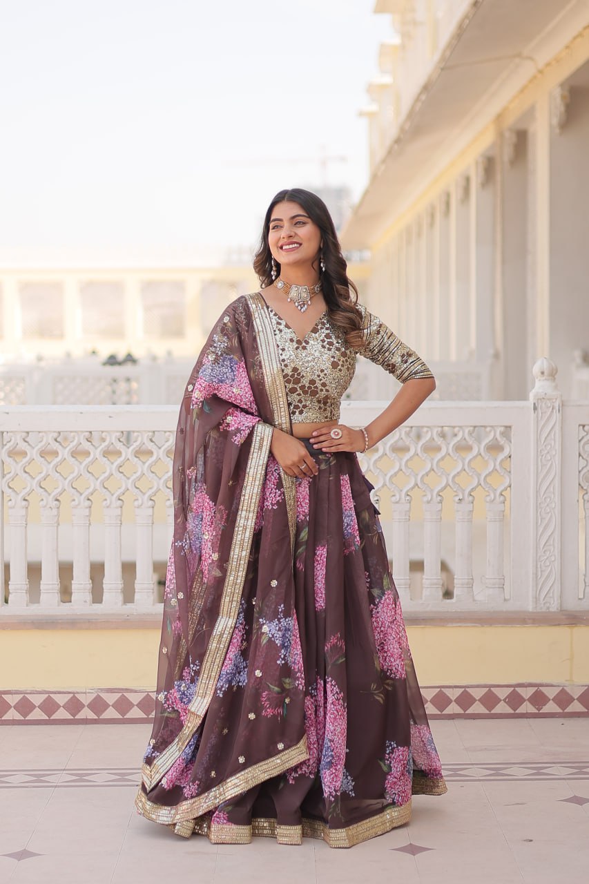 Lorenvalley Brown Russian Silk Digital Printed with Embroidered Sequins work Lehenga Choli