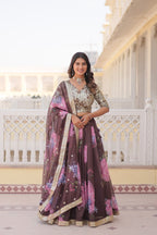 Lorenvalley Brown Russian Silk Digital Printed with Embroidered Sequins work Lehenga Choli