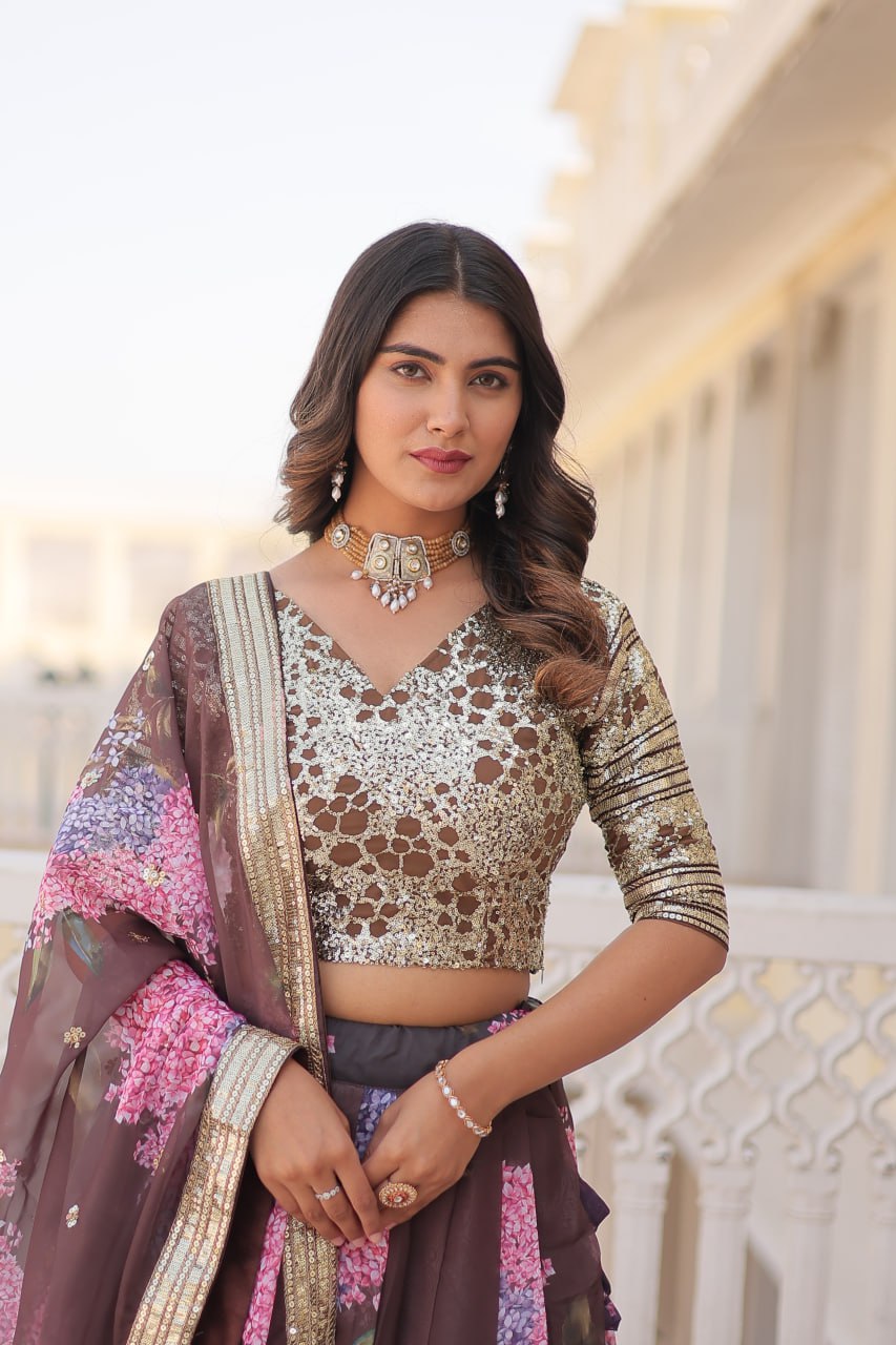 Lorenvalley Brown Russian Silk Digital Printed with Embroidered Sequins work Lehenga Choli