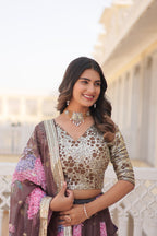 Lorenvalley Brown Russian Silk Digital Printed with Embroidered Sequins work Lehenga Choli