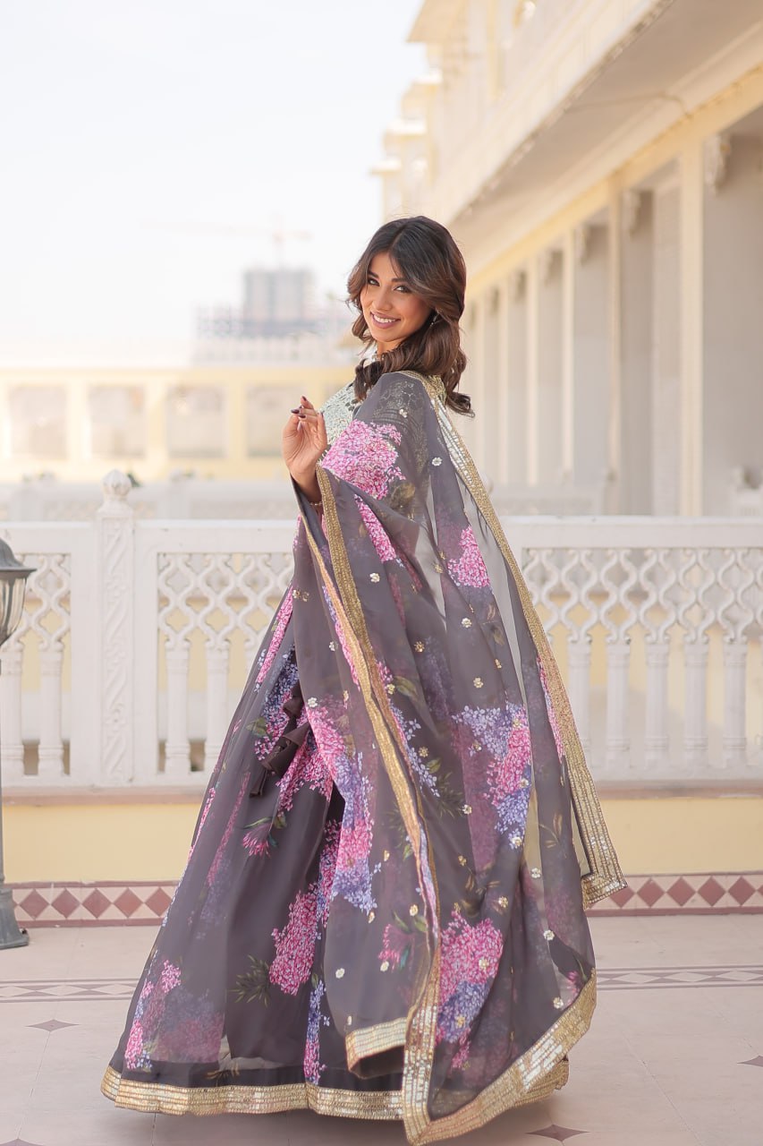 Lorenvalley Grey Russian Silk Digital Printed with Embroidered Sequins work Lehenga Choli