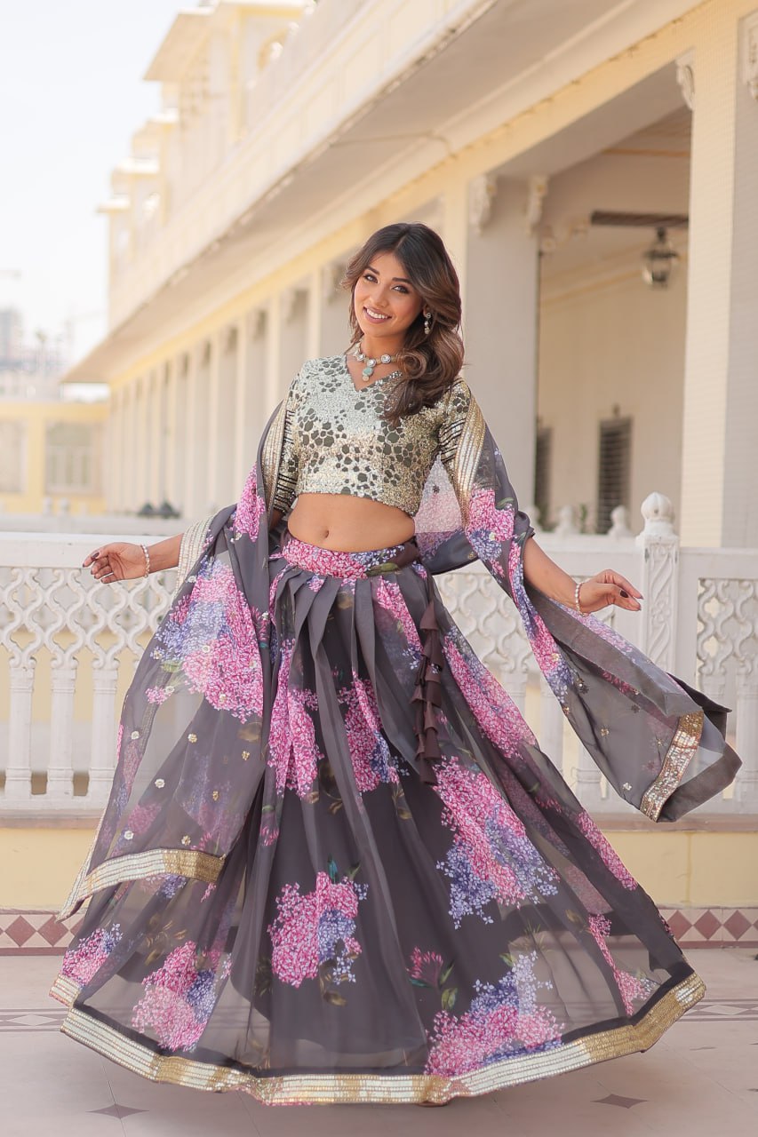 Lorenvalley Grey Russian Silk Digital Printed with Embroidered Sequins work Lehenga Choli