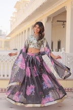 Lorenvalley Grey Russian Silk Digital Printed with Embroidered Sequins work Lehenga Choli