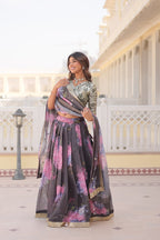 Lorenvalley Grey Russian Silk Digital Printed with Embroidered Sequins work Lehenga Choli