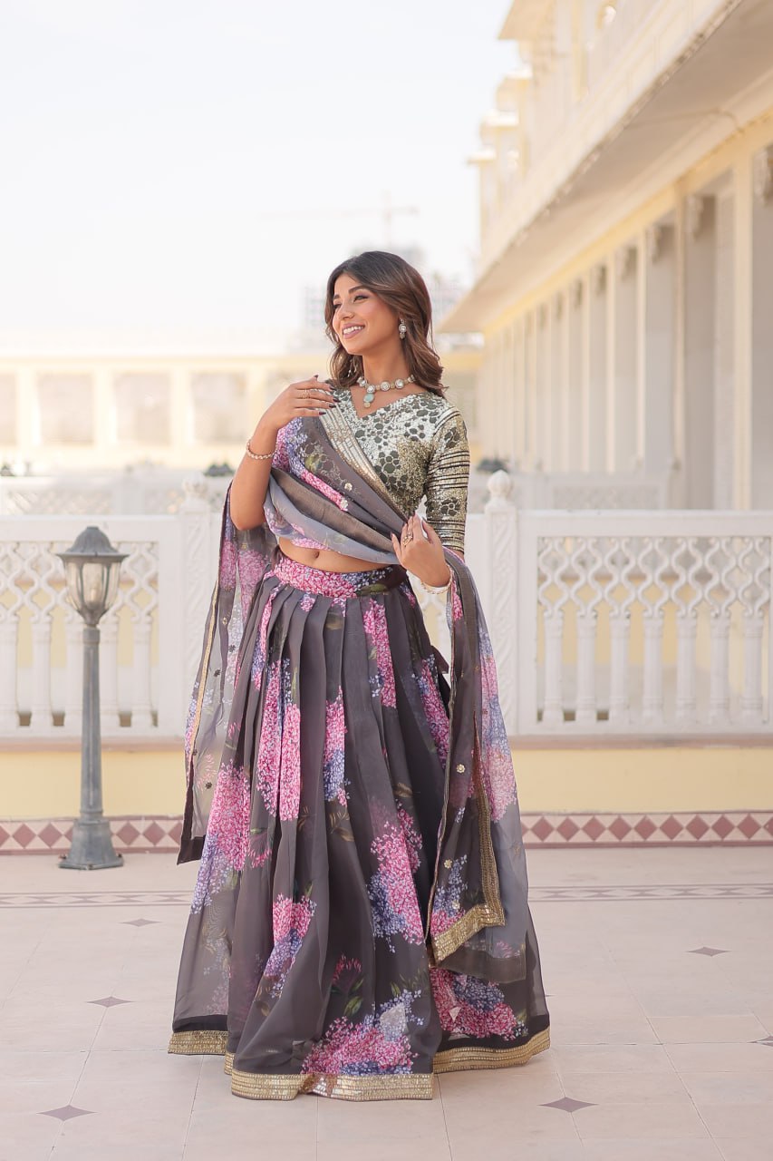 Lorenvalley Grey Russian Silk Digital Printed with Embroidered Sequins work Lehenga Choli