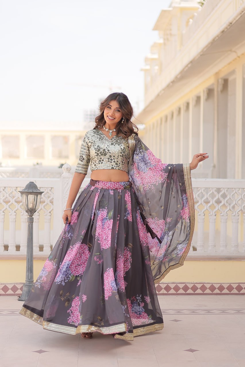 Lorenvalley Grey Russian Silk Digital Printed with Embroidered Sequins work Lehenga Choli