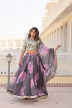 Lorenvalley Grey Russian Silk Digital Printed with Embroidered Sequins work Lehenga Choli