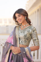 Lorenvalley Grey Russian Silk Digital Printed with Embroidered Sequins work Lehenga Choli