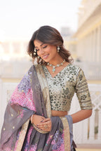 Lorenvalley Grey Russian Silk Digital Printed with Embroidered Sequins work Lehenga Choli