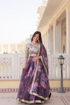 Lorenvalley Purple Russian Silk Digital Printed with Embroidered Sequins work Lehenga Choli