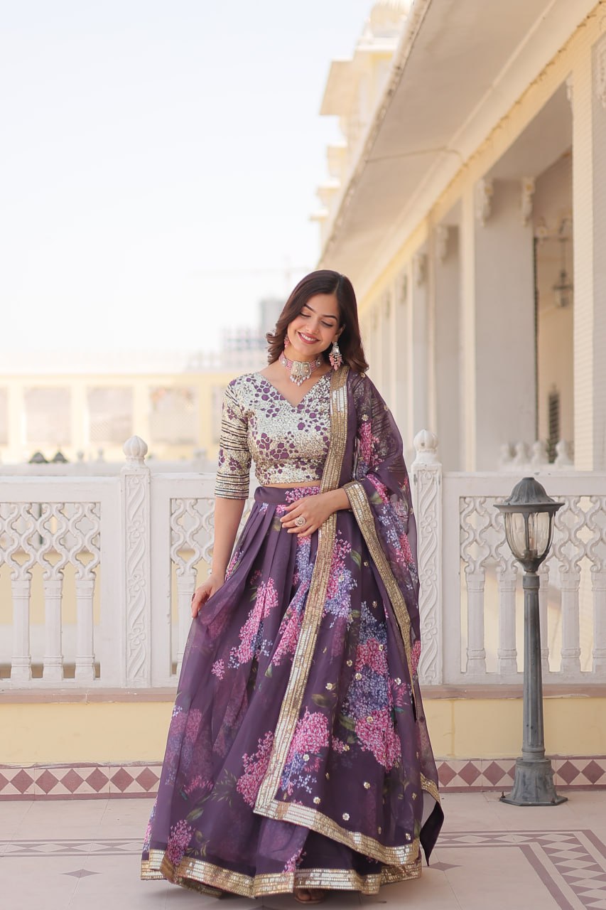 Lorenvalley Purple Russian Silk Digital Printed with Embroidered Sequins work Lehenga Choli