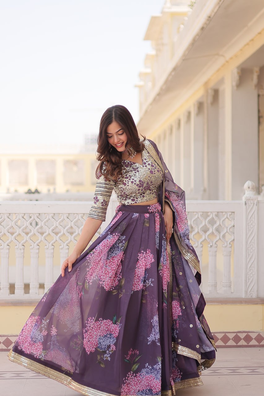 Lorenvalley Purple Russian Silk Digital Printed with Embroidered Sequins work Lehenga Choli