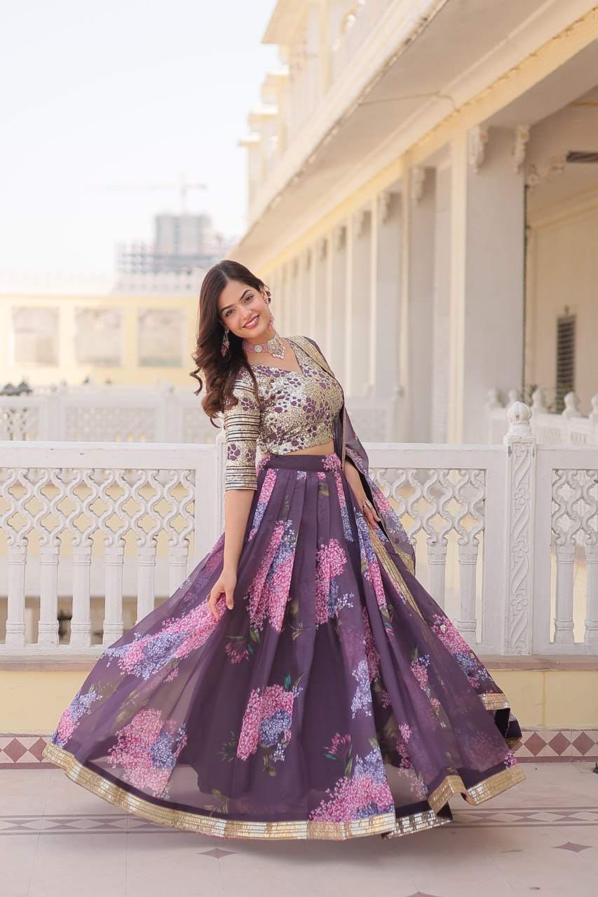 Lorenvalley Purple Russian Silk Digital Printed with Embroidered Sequins work Lehenga Choli