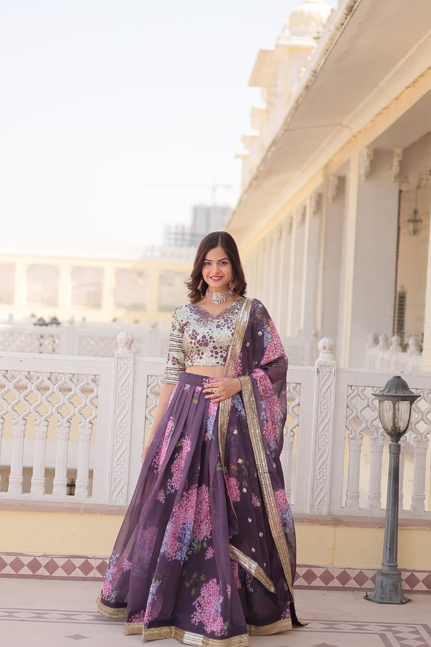 Lorenvalley Purple Russian Silk Digital Printed with Embroidered Sequins work Lehenga Choli