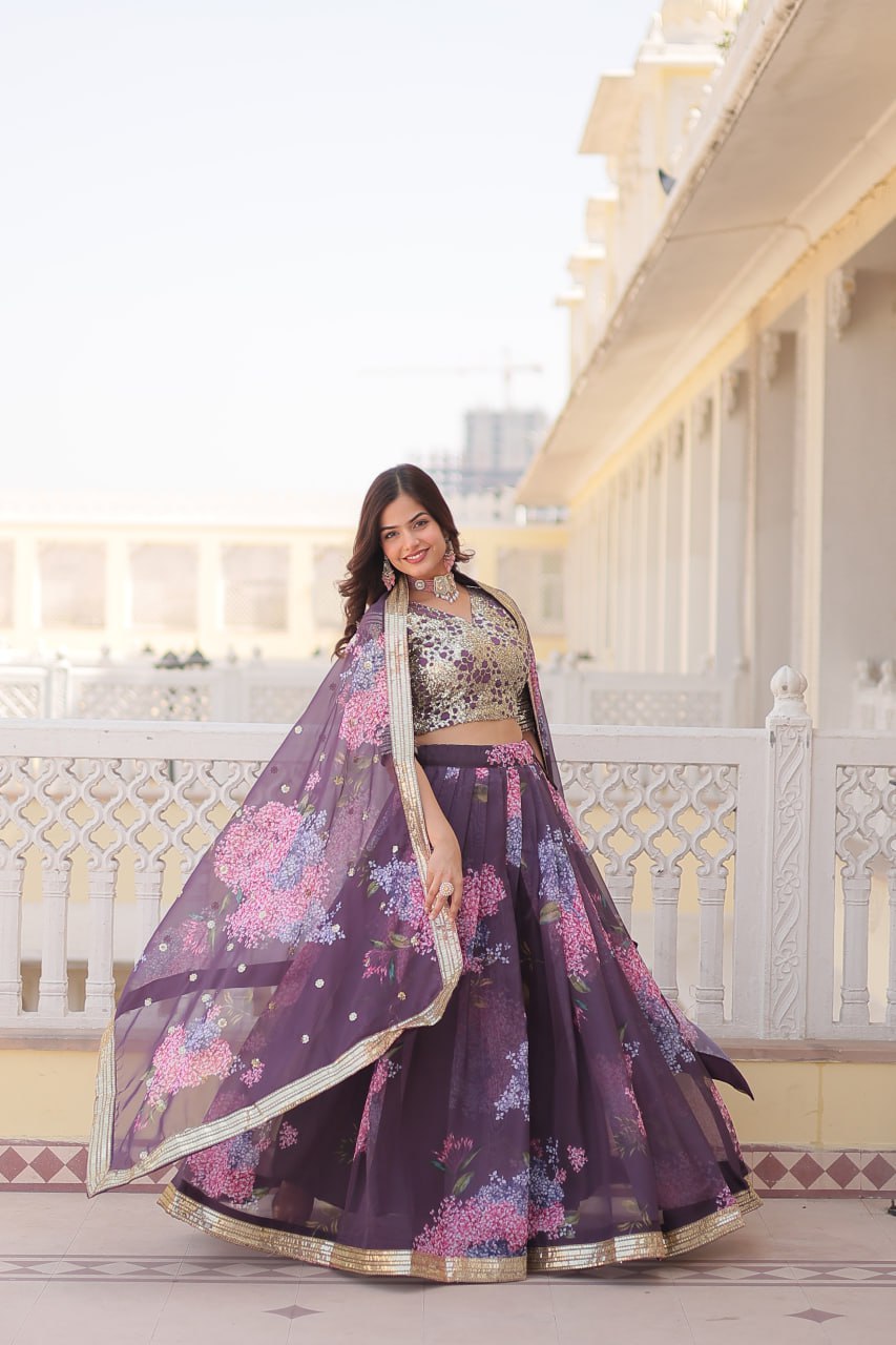 Lorenvalley Purple Russian Silk Digital Printed with Embroidered Sequins work Lehenga Choli