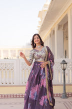 Lorenvalley Purple Russian Silk Digital Printed with Embroidered Sequins work Lehenga Choli