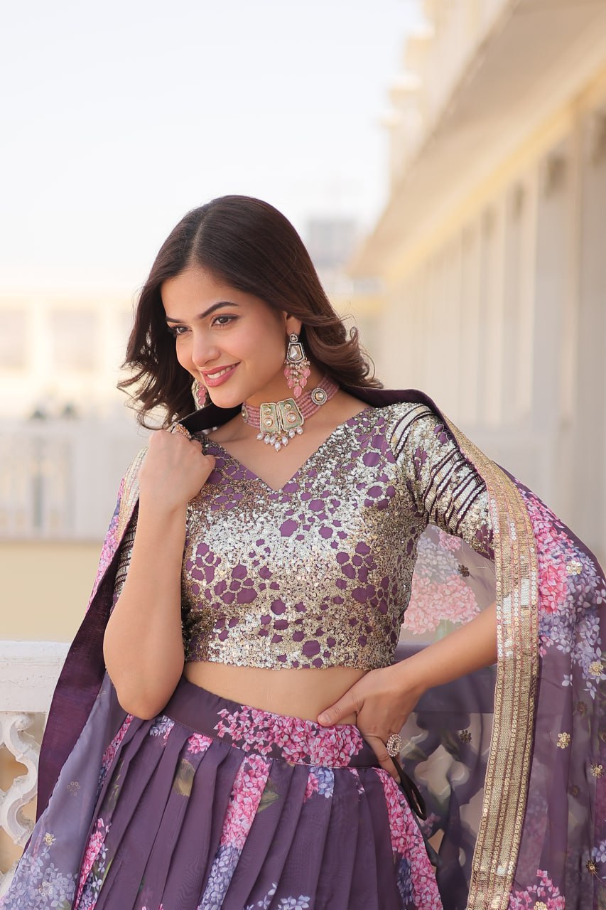 Lorenvalley Purple Russian Silk Digital Printed with Embroidered Sequins work Lehenga Choli
